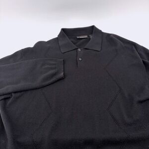 J. Ferrar WOOL Mens Black Long Sleeve Argyle Knit Polo Sweater Large